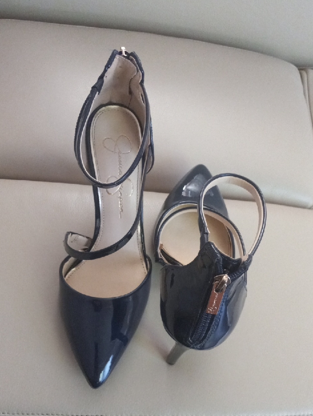 Jessica Simpson Navy Patent Pointed-Toe Ankle-Strap Heels - Picture 14 of 17